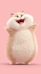 Cute, fluffy animated character with a joyful expression against a pink background
