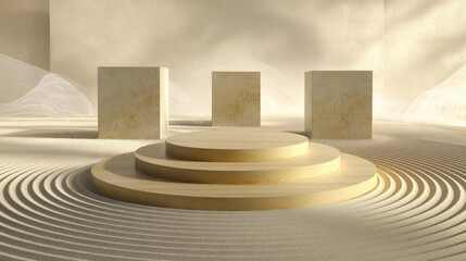 Obraz premium Zen-inspired 3D rendering for product staging, with podiums on a patterned sand circle for a calm aesthetic