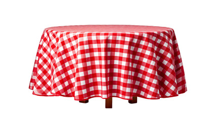 Red and white checkered tablecloth on round table against transparent background