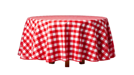Red and white checkered tablecloth on round table against transparent background