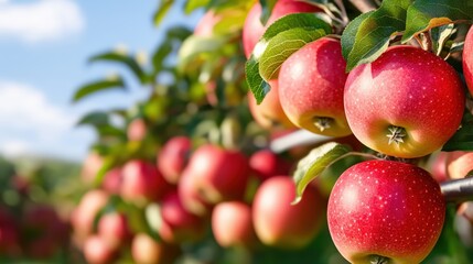Obraz premium Fresh ripe red s hanging on a tree branch in an orchard du daytime with clear sky backdrop