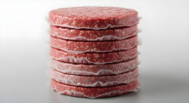 Raw ground beef burger patties stacked white background - fresh uncooked hamburger meat portions butcher shop restaurant food preparation concept