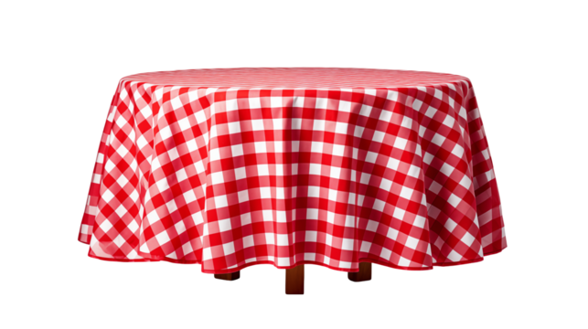 Red and white checkered tablecloth on round table against transparent background