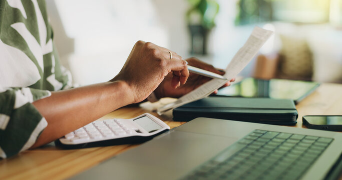 Finance, budgeting and hands with receipt in home for investment rebate, expenses and cash back. Wealth, woman and laptop with invoice paperwork for tax return, asset management and financial control