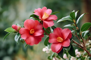 Fototapeta premium Beautiful red camellia flowers blooming on a branch