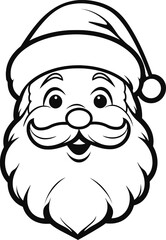 A charming black-and-white illustration of Santa Claus with a joyful expression, complete with his iconic hat and fluffy beard. This design is perfect for holiday-themed projects, greeting cards, or a