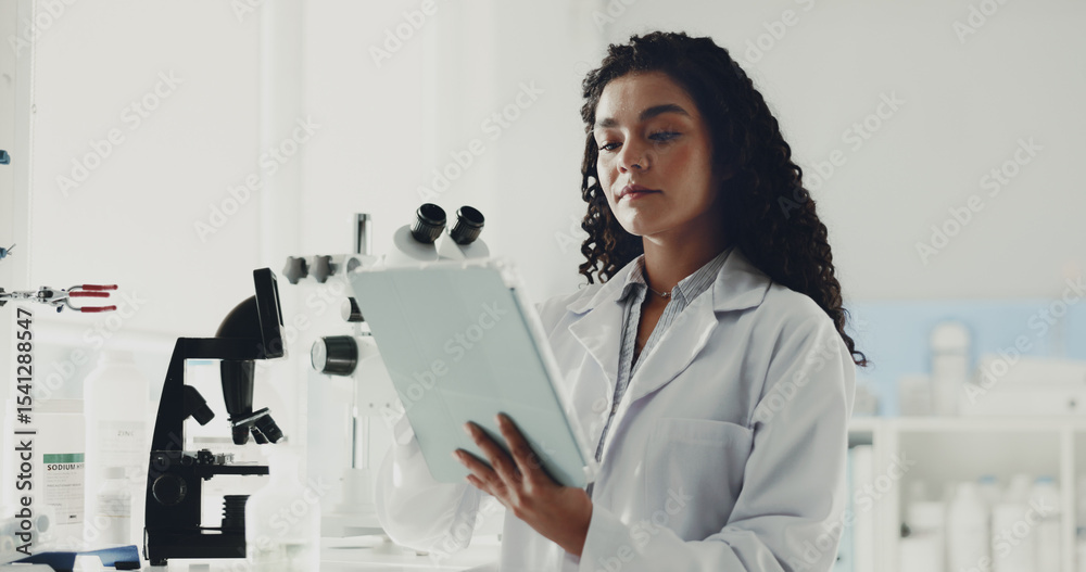 Poster science, research and woman in lab, tablet and innovation with experiment, app or studying results m