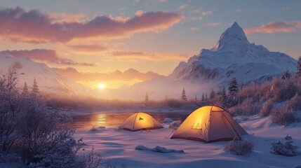 Camping in winter with snowy landscapes and tents