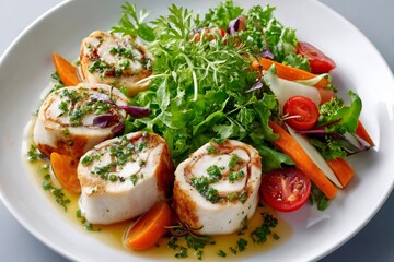 Chicken breasts rolls with salad and carrot on white plate