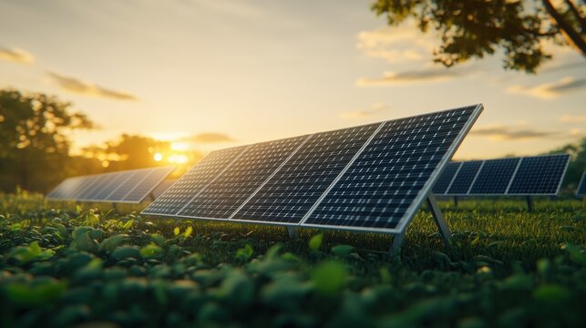 Solar panels installed on a green field du sunset showcasing renewable energy technology and sustainable development