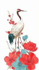 Obraz premium Elegant Crane Perched Among Vibrant Red and Blue Flowers