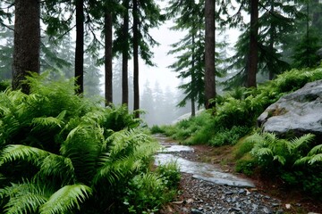 Fototapeta premium Small stream flowing through a green forest with ferns and fir trees