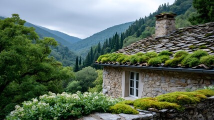 Old stone house with moss covered roof overlooking green valley