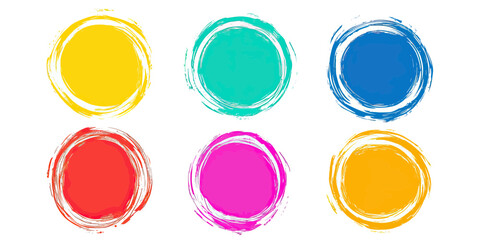 Colorful rough scribble circle frames set with hand drawn grunge brush stroke style in yellow red blue teal pink and orange for graphic design elements decorative borders and backgrounds