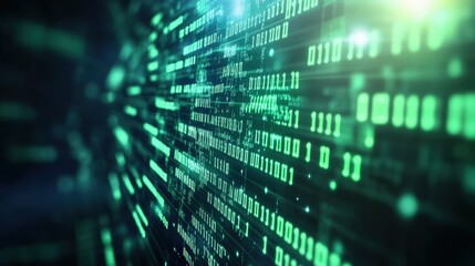 Abstract digital data stream with glowing green lines and binary code moving in a high-tech futuristic environment