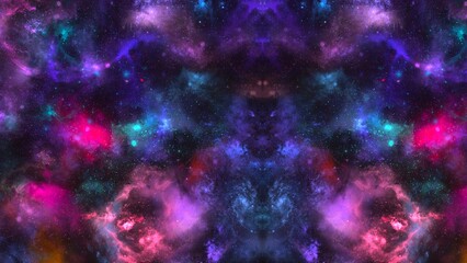 A symmetrical nebula with purple pink and blue colors forming a cosmic abstract background image art