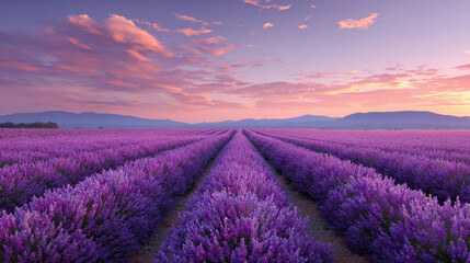 Obraz premium Breathtaking landscape view of a lavender field at sunset, with pastel skies and a serene floral horizon