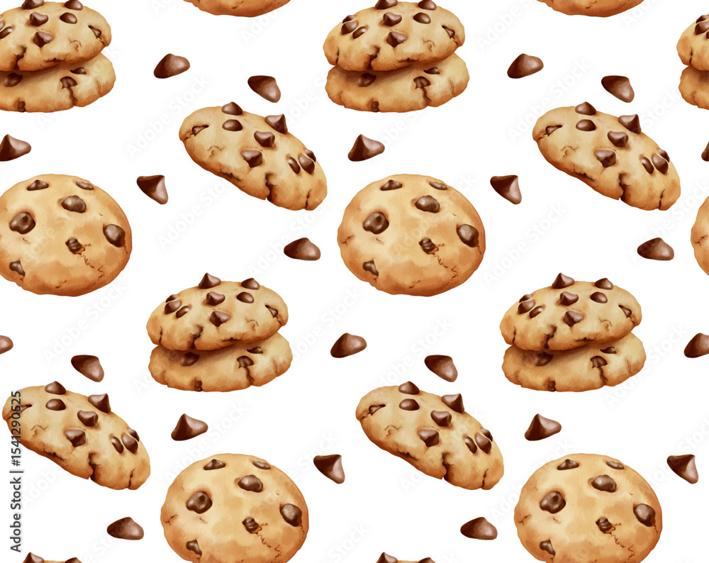 Fototapete Watercolor style of chocochips cookies pattern with chocolate chip granules isolated on white background. Seamless pattern for paper wrap or wall paper and fabric.