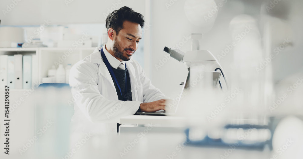 Poster man, laptop and scientist in lab for research report, medical review or microscope with online analy