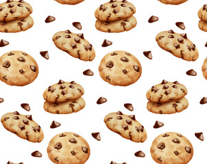Watercolor style of chocochips cookies pattern with chocolate chip granules isolated on white background. Seamless pattern for paper wrap or wall paper and fabric.