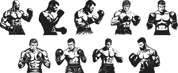Naklejka premium Vector Set of Muscular Male Boxers in Fighting Poses