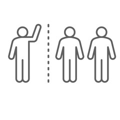 Exclusion icon outline style. Individual figure away from two grouped people symbolizing social rejection, quarantine, or separation. Thin line symbol vector illustration. Editable stroke
