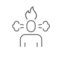 Overwhelmed mind icon outline style. A person with steam and flame above head symbolizing anger, stress, or emotional burnout. Thin line symbol vector illustration. Editable stroke