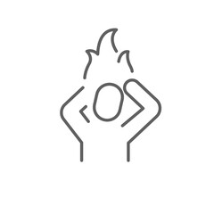 Mental burnout icon outline style. A person holding head with fire symbolizing psychological pressure, anxiety, or stress overload. Thin line symbol vector illustration. Editable stroke