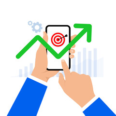 Hand pointing at mobile phone with up arrow and business target group. Success concept. On white background. Vector illustration