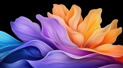 Abstract Floral Artwork Vibrant Purple, Blue, and Orange Petals on Dark Background