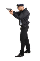 Male police officer wearing uniform with gun on white background