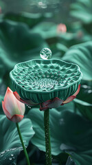 A lotus seed pod with a water droplet floating above it surrounded by leaves and a lotus bud in a serene and tranquil natural setting