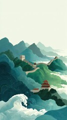 Stylized Illustration of the Great Wall Amidst Mountainous Terrain