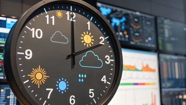 AI climate forecasting concept. Modern clock displaying weather icons alongside digital data monitors.