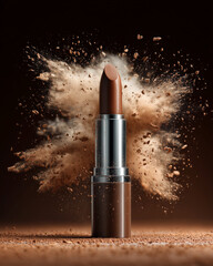 A close up of a lipstick with a lot of powder on it. The powder is falling on the lipstick and the background is dark