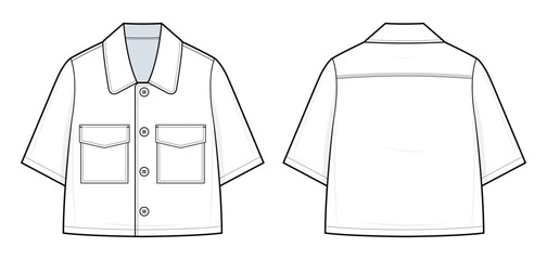 Utility Short-Sleeve Shirt Technical Fashion Illustration. Boxy Button-Up Shirt Vector Template. Front Flap Pockets. Cropped Length. Relaxed Fit. Front and Back View.  Shirt CAD Mockup set.