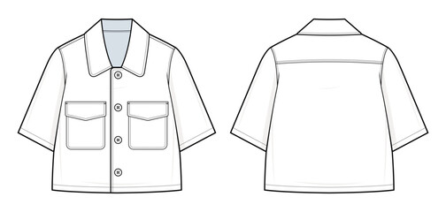 Boxy Short-Sleeve Shirt Technical Fashion Illustration. Button-Up Shirt Vector Template. Dual Chest Pockets with Flaps. Wide Collar. Relaxed Fit. Cropped Length. Front and Back View. Shirt CAD Mockup.