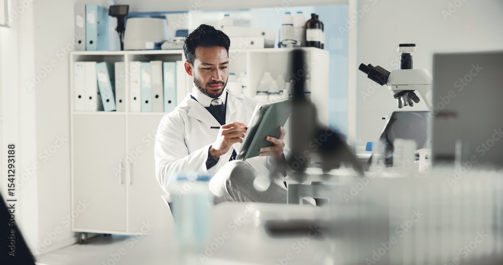 Poster man, tablet and scientist in lab for research report, medical review or stylus for online analysis. 