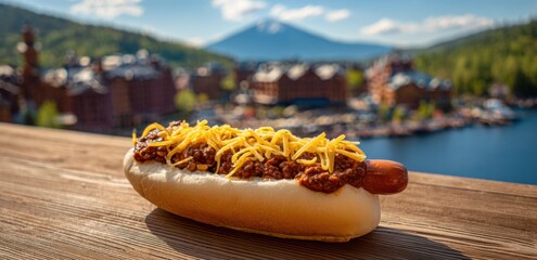 Chili Cheese Dog Delight: A Culinary Treat with a Mountain View Backdrop