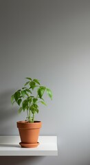 Fototapeta premium Small Green Plant in Terracotta Pot on White Shelf