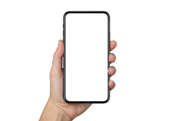 Hand holding modern smartphone with blank white screen against PNG background, smartphone, mobile phone, phone, blank screen, white screen, mockup, hand, holding, technology, communication, device, mo