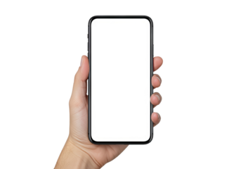 Hand holding modern smartphone with blank white screen against PNG background, smartphone, mobile phone, phone, blank screen, white screen, mockup, hand, holding, technology, communication, device, mo