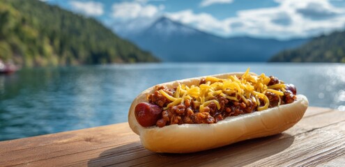 Chili cheese dog on wooden table with lake and mountain backdrop
