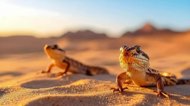 Two lizards are sunbathing on sandy terrain, with a desert landscape and soft sunlight in the background.