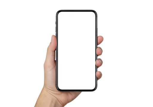 Hand holding modern smartphone with blank white screen against PNG background, smartphone, mobile phone, phone, blank screen, white screen, mockup, hand, holding, technology, communication, device, mo