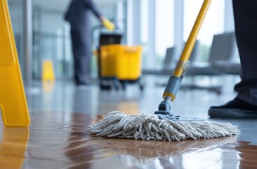 Close-up of a Mop Cleaning a Polished Wood Floor in a Modern Office