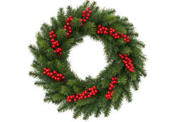 Festive evergreen christmas wreath decorated with vibrant red berries on a PNG background, christmas, wreath, holiday, decoration, festive, evergreen, pine, winter, season, xmas, ornament, decor, gree
