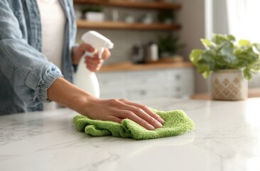 Close-up of a Woman Cleaning a Marble Countertop