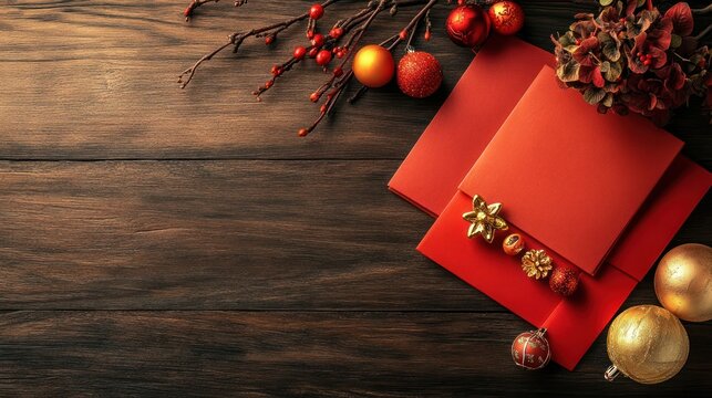 Red envelopes, ornaments, wooden background - Powered by Adobe