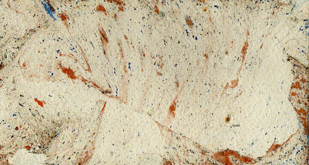 Abstract texture gray background. Chaotic dots, drops, splashes. Orange, brown, blue, black color. Soft marble texture. Gentle, soft background.